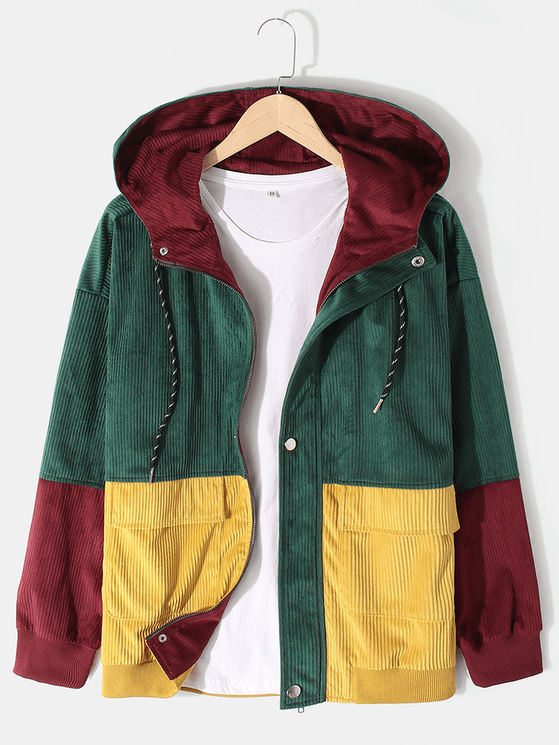 Mens Vintage Colorblock Corduroy Stitching Hooded Jacket - MRSLM