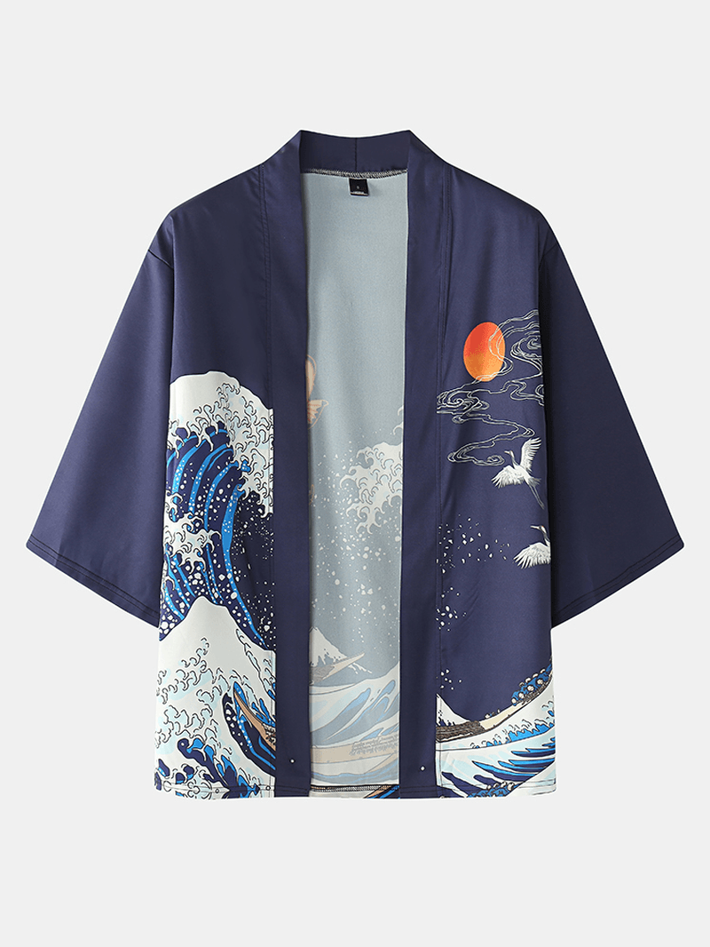 Mens Japanese Kimono Wave & Koi Ukiyoe Back Print Two Pieces Outfits - MRSLM