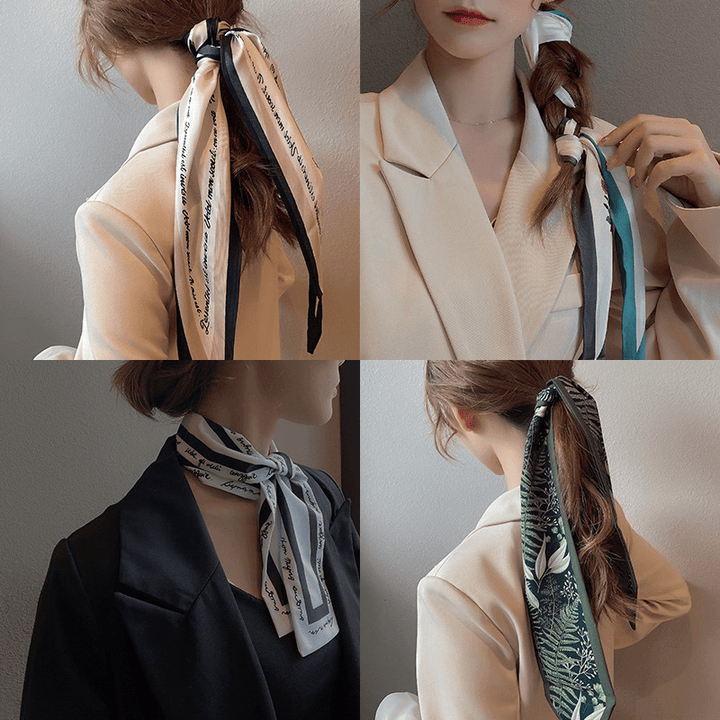Women Multifunction Silk Bind Hair Headband Headdress Plant Flower Print Long Neck Collar Scarfs - MRSLM