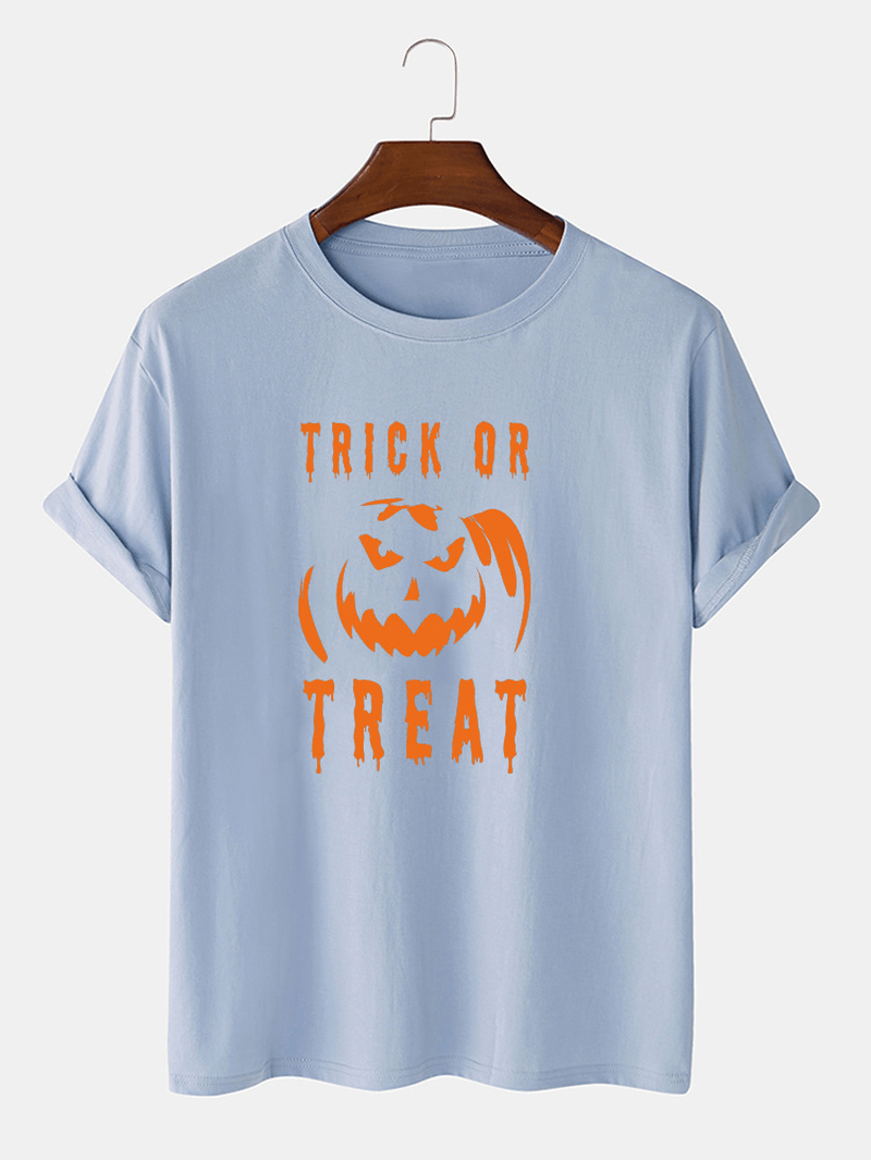 Mens 100% Cotton Letter & Pumpkin Print Halloween Short Sleeve T-Shirts - MRSLM