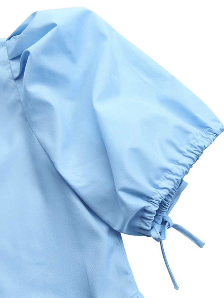 Women Solid Color Puff Sleeve V-Neck Pleats Plain Daily Casual Midi Dress - MRSLM