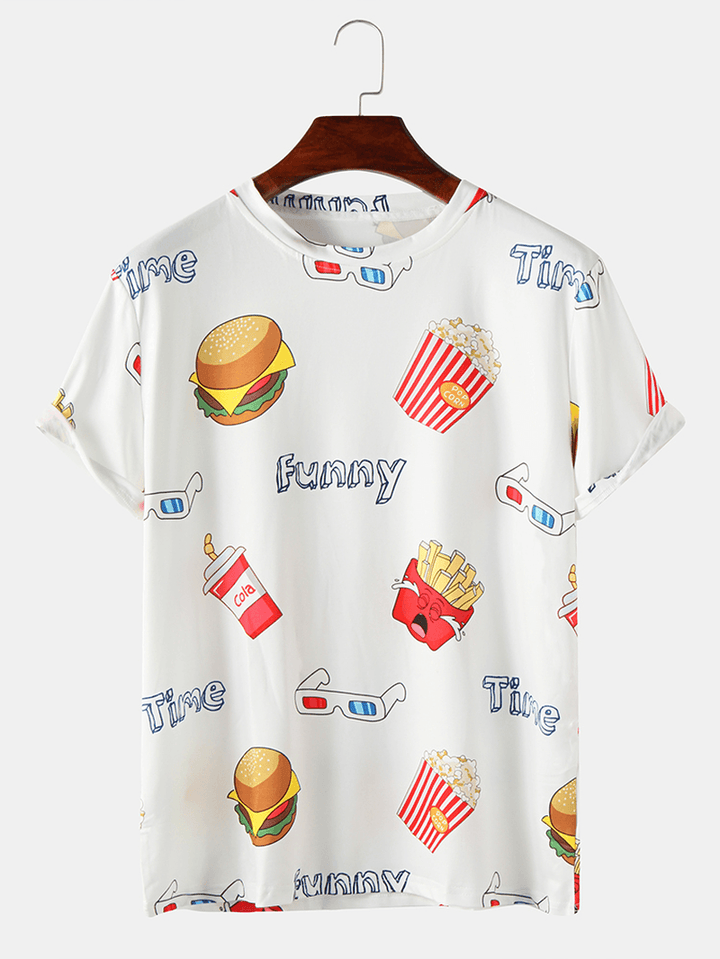 Mens Funny Fast Food Print round Neck Cotton Short Sleeve T-Shirts - MRSLM