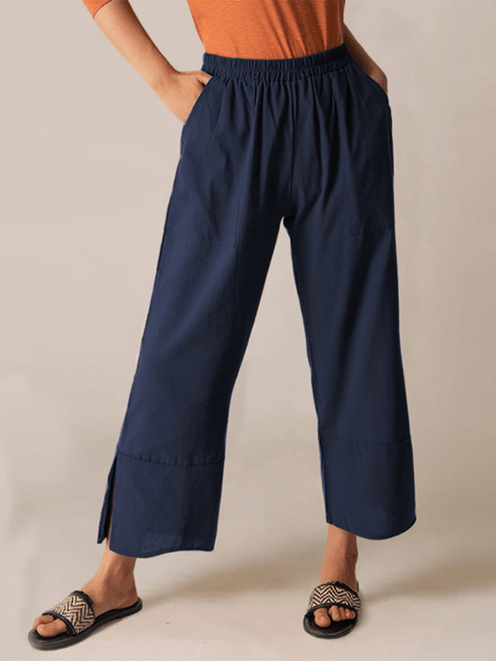Casual Fork Elastic Waist Ninth Fork Solid Loose Fit Pants for Women - MRSLM