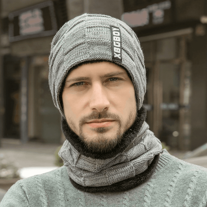 Men 2PCS Wool plus Velvet plus Thickness Winter Outdoor Keep Warm Neck Protection Headgear Scarf Knitted Hat - MRSLM