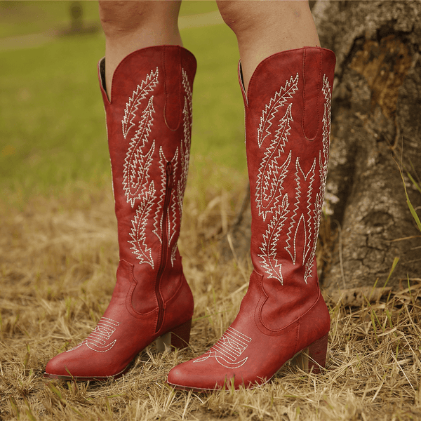 Plus Size Women Retro Red Pointed Toe Embroidered Chunky Heel Zipper Cowboy Boots - MRSLM