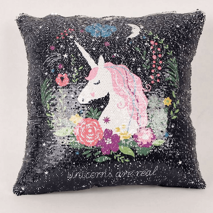 Rainbow Sequins Unicorn Cushion Cover 40X40Cm Decorative Mermaid Pillow Case for Sofa Reversible Pi - MRSLM