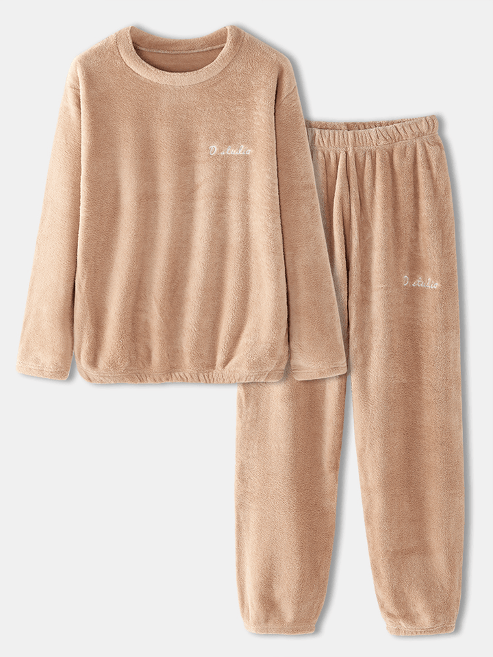 Women Solid Color Soft Long Sleeve Pullover Elastic Waist Home Pants Pajama Set - MRSLM