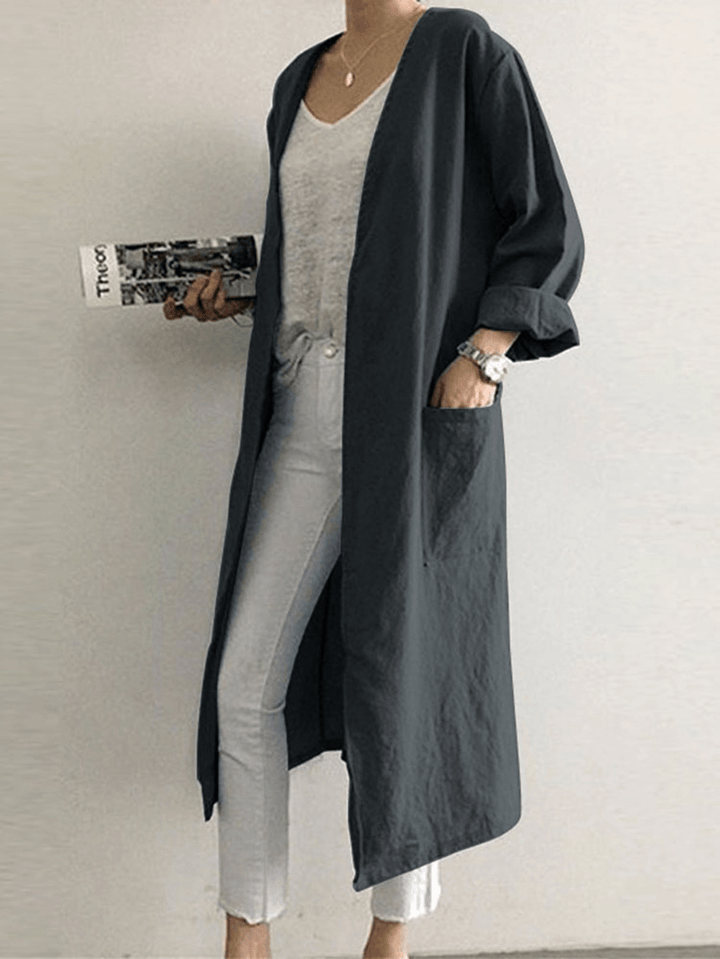 Retro Women Solid Color Casual Cotton Long Cardigans with Pockets - MRSLM