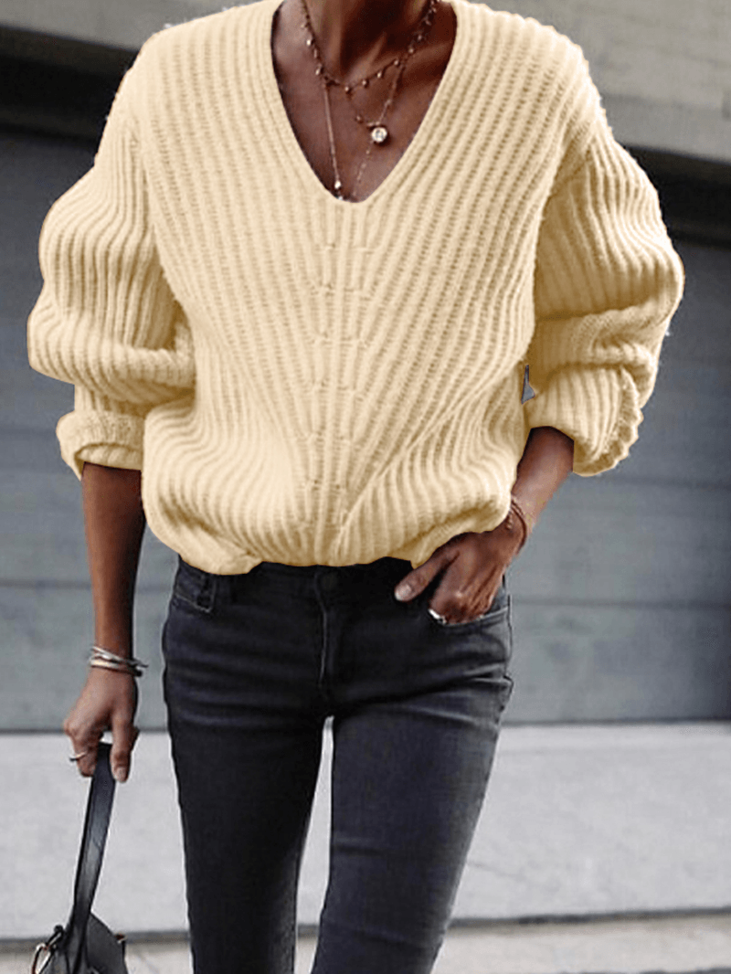 Women Puff Sleeve V-Neck Pleated Spliced Solid Loose Thick Fashion Sweaters - MRSLM