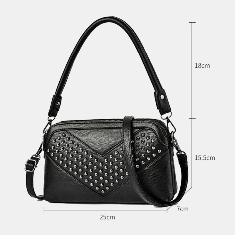 Women Multi-Pocket Front Rivet Decorate Crossbody Bag Large Capacity Detachable Shoulder Strap Shoulder Bag Handbag - MRSLM