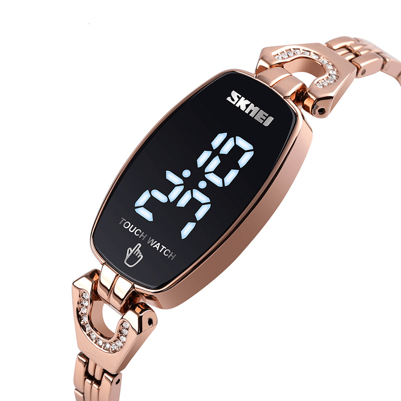 SKMEI 1588 Diamond Rectangle Dial Ladies Bracelet Watch Full Steel Touch Screen Digital Watch - MRSLM