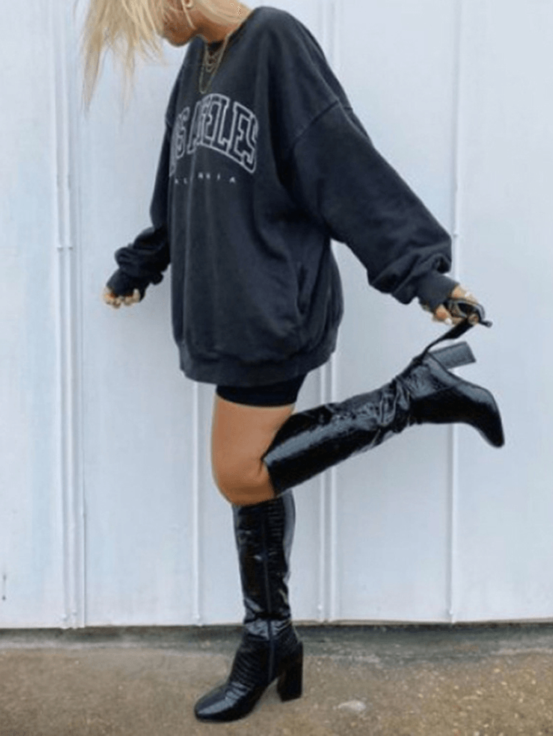 Women Letter Print Drop Shoulder Pullover Simple Navy Sweatshirt - MRSLM