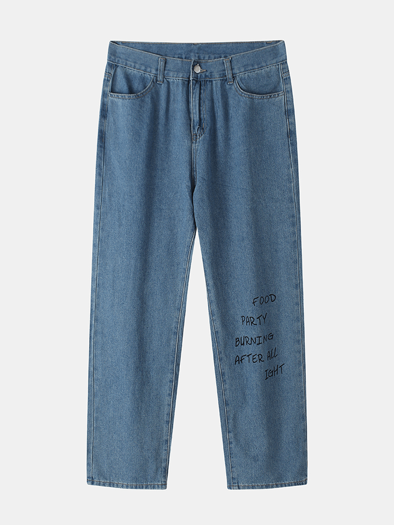 Mens Letter Pattern Pocket Loose Mid Waist Jeans - MRSLM