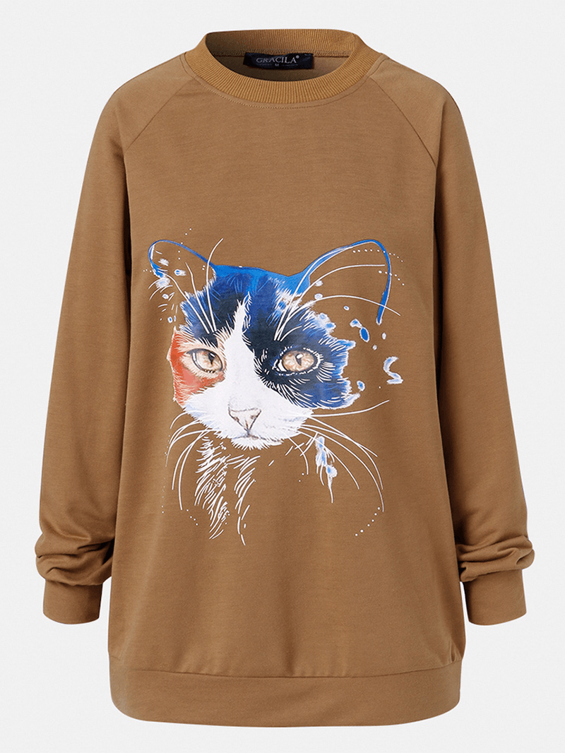 Women Cat Print Solid Color round Neck Casual Loose Pullover Sweatshirt - MRSLM