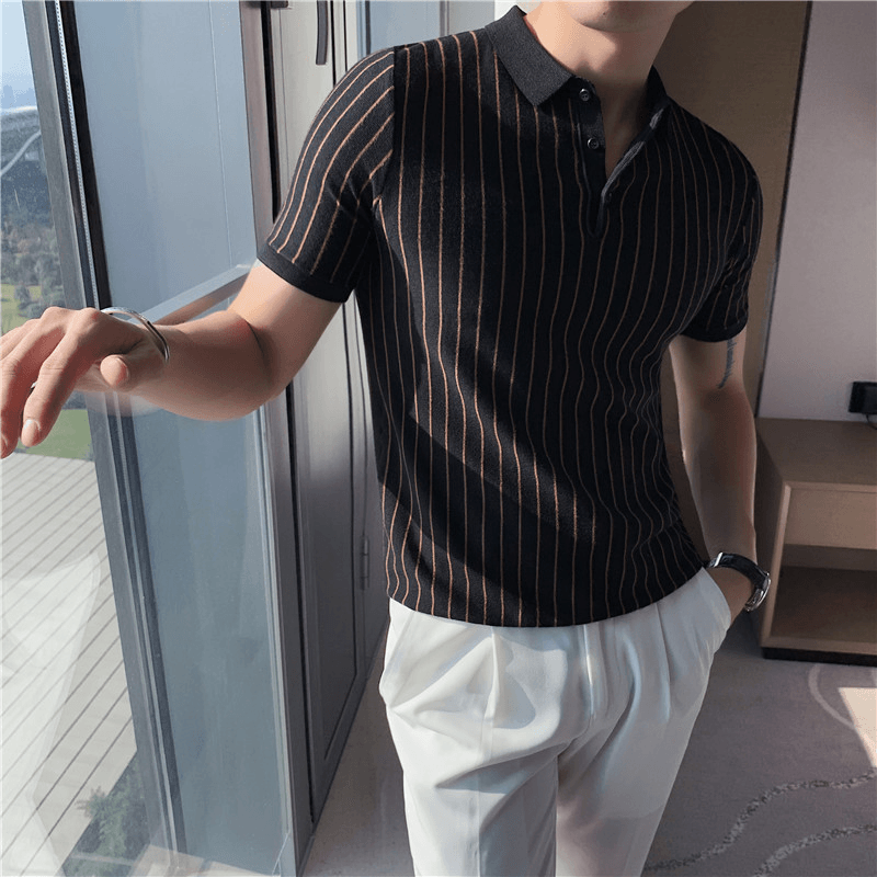 Lapel Tight-Fitting Striped Stretch Short-Sleeved T-Shirt - MRSLM