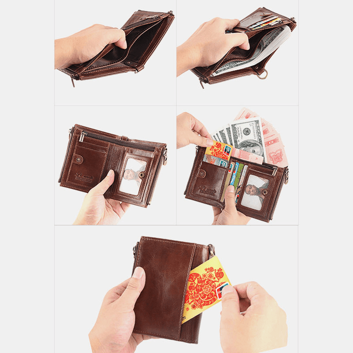 Men Genuine Leather RFID Blocking 6 Card Slots Zipper Coin Wallet - MRSLM
