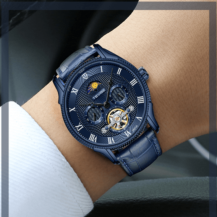 TEVISE T851A Moon Phase Automatic Mechanical Watch Roman Number Leather Band Men Watch - MRSLM