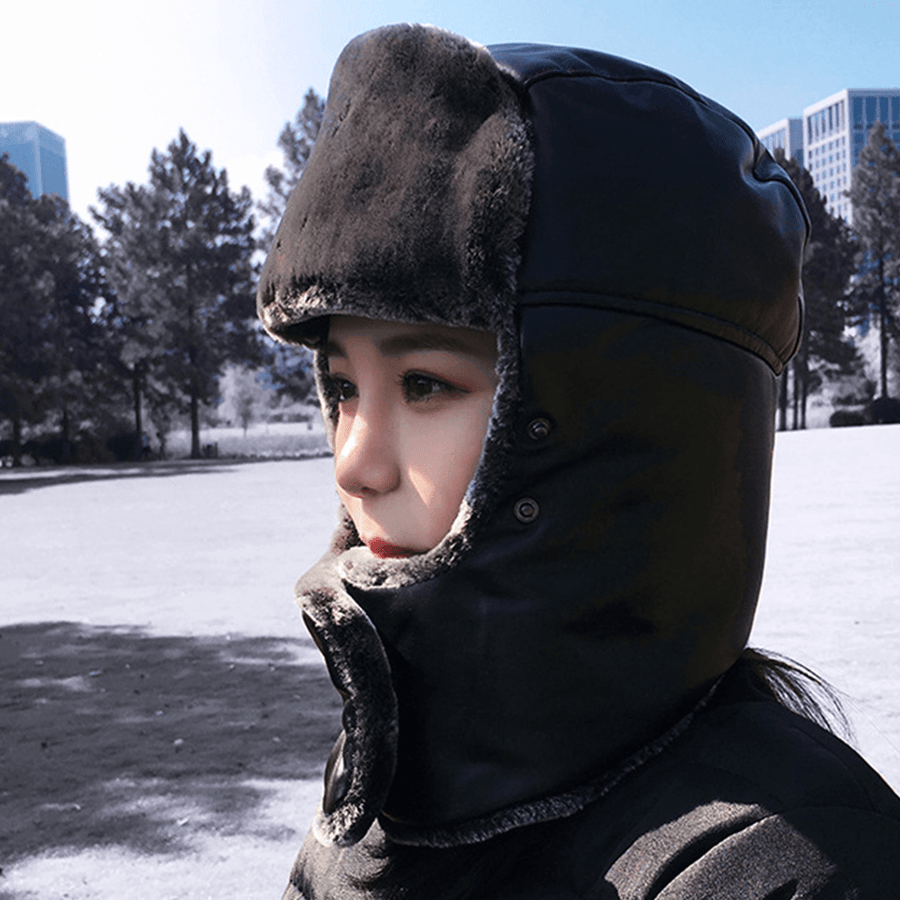 Unisex Faux Leather Warm Windproof Ear Face Eye Protection Outdoor Riding Trapper Hat - MRSLM