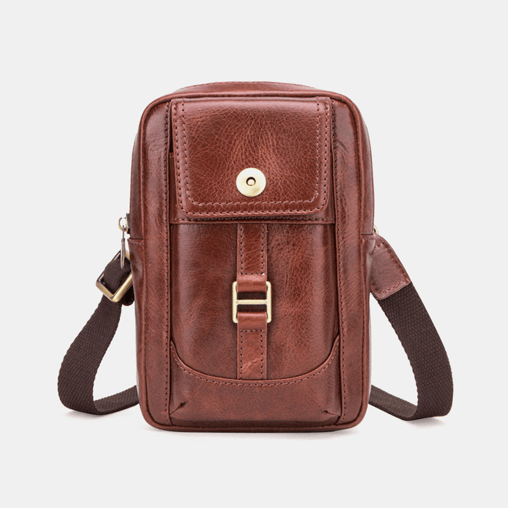 Men Genuine Leather Retro Fashion 5.8 Inch Phone Bag Multi-Carry Crossbody Bag Waist Bag - MRSLM