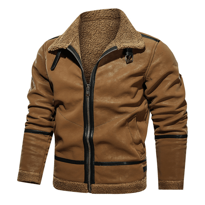 Men'S European and American Style Lapel plus Velvet Leather Jacket - MRSLM