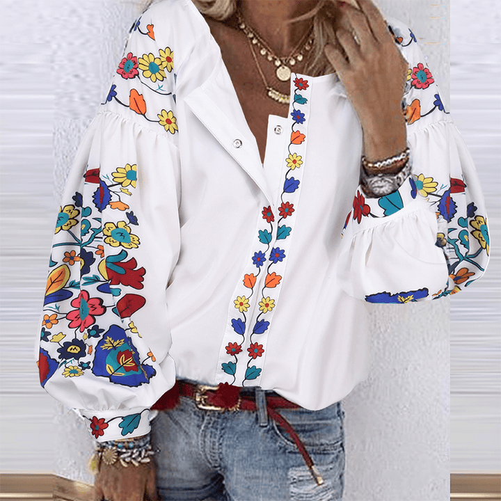 Puff Sleeve Casual Loose O-Neck Floral Ethnic Style Blouse - MRSLM