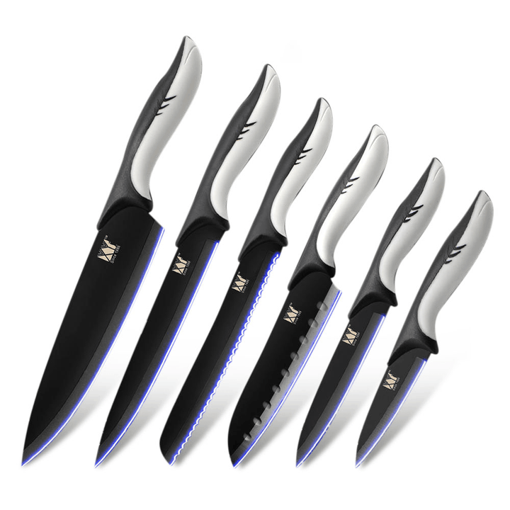 XYJ Kitchen Stainless Steel Cutter 6PCS / Set Black Blade Paring Utility Santoku Chef Slicing Bread Kitchen Cutting Tool - MRSLM