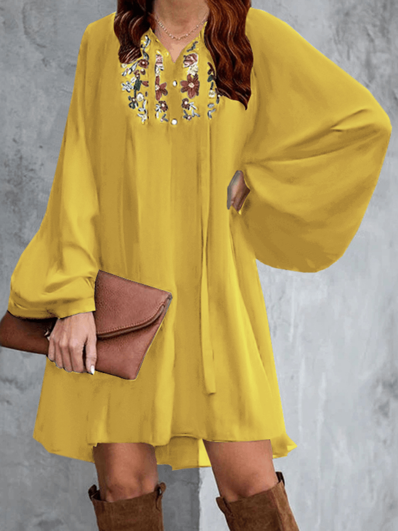Flowers Embroidery Puff Sleeve Lace-Up Loose Bohemian Mini Dress for Women - MRSLM