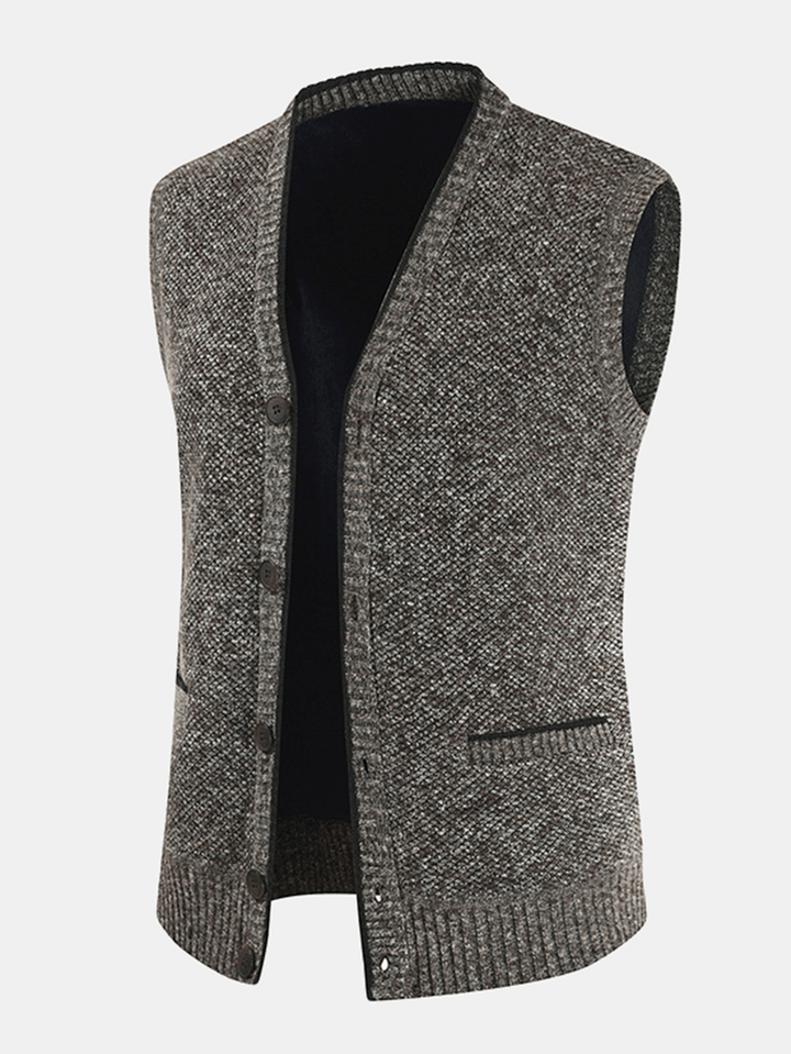 Mens Knitting Woolen Sleeveless V-Neck Button up Warm Vests with Pocket - MRSLM