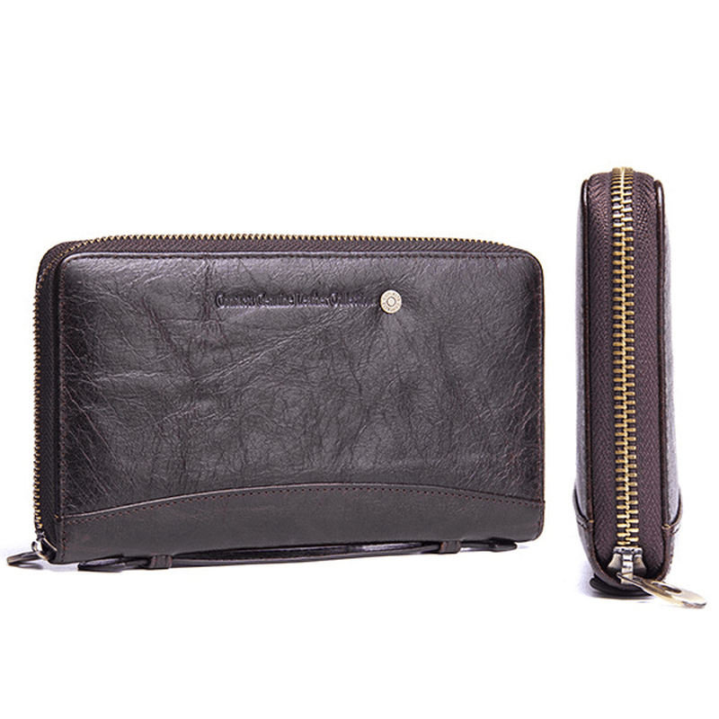 Men Genuine Leather Multifunction Purse Pen Holder Phone Holder Zipper Pocket Large Capacity Business Wallet - MRSLM