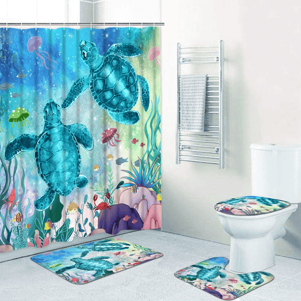 Blue Sea Turtle Shower Curtain 12 Hooks Bathroom Mat Toilet Cover Rug Decor - MRSLM