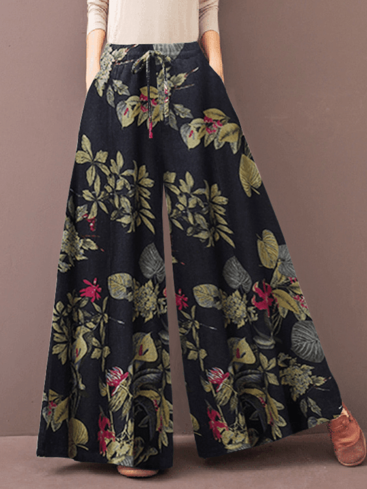 Women Vintage Floral Plant Print Drawstring Wide Leg Pants with Pocket - MRSLM