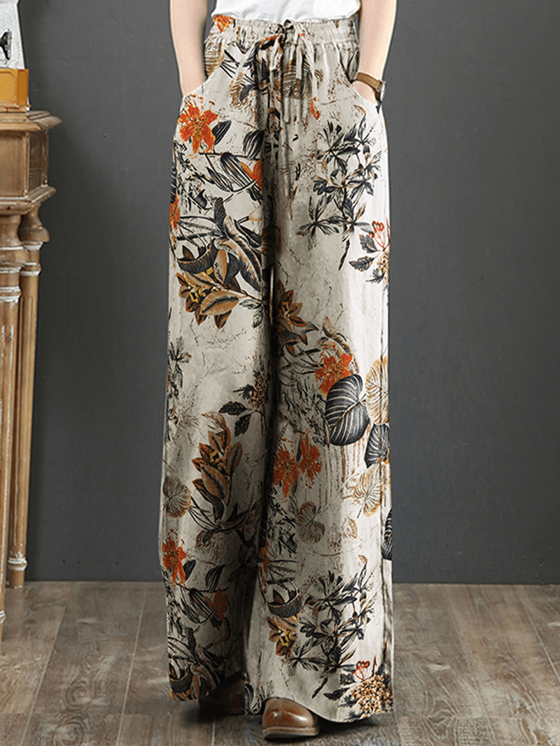 Cotton Women Palnt Floral Print Pocket Drawstring Elastic Waist Retro Wide Leg Pants - MRSLM