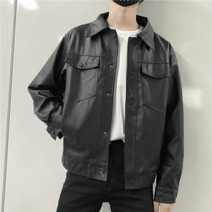 Men'S Leather Jacket Men'S Youth Loose Lapel Workwear Pu Leather Jacket - MRSLM