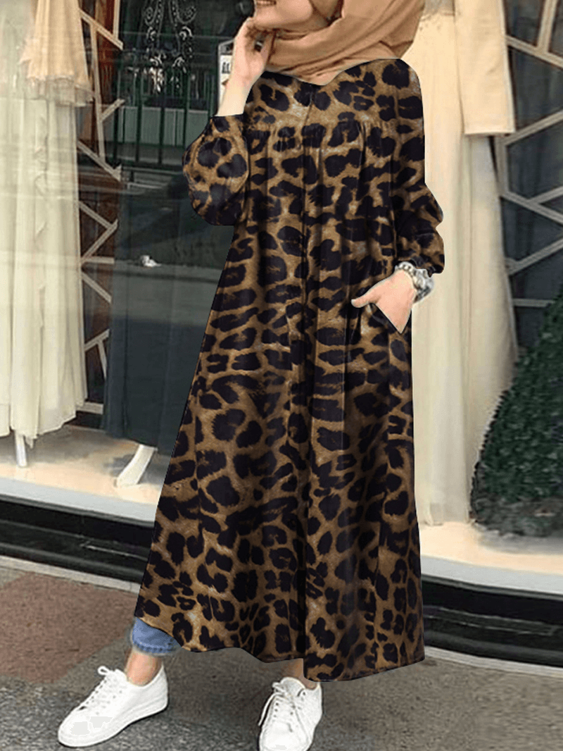 Leopard Printed Button down Front Kaftan Tunic Maxi Dress with Side Pockets - MRSLM