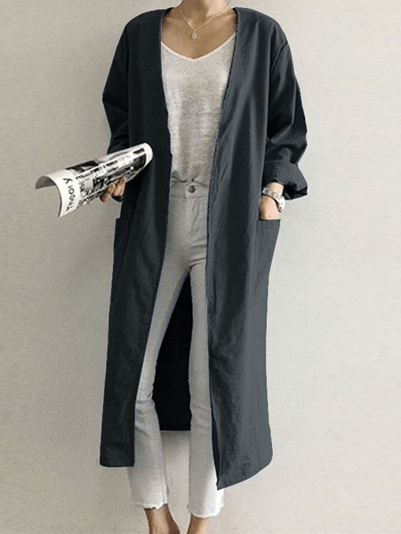 Retro Women Solid Color Casual Cotton Long Cardigans with Pockets - MRSLM