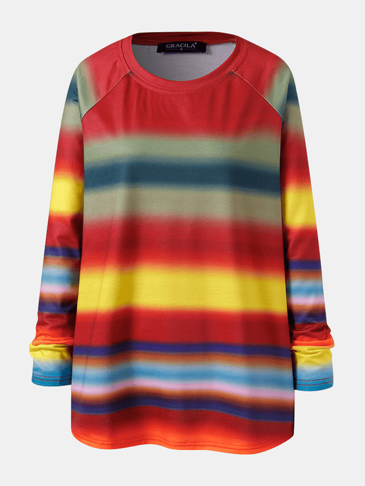 Women Multi Color Ombre Striped O-Neck Raglan Sleeve Casual Sweatshirts - MRSLM