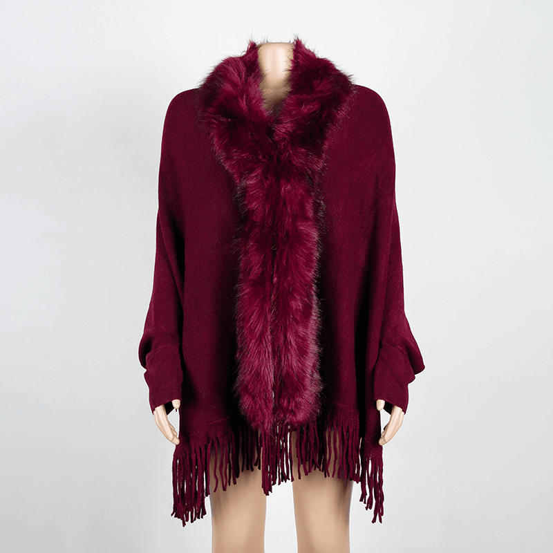 Autumn and Winter Fringed Cloak Shawl Fur Collar Solid Color Cardigan - MRSLM