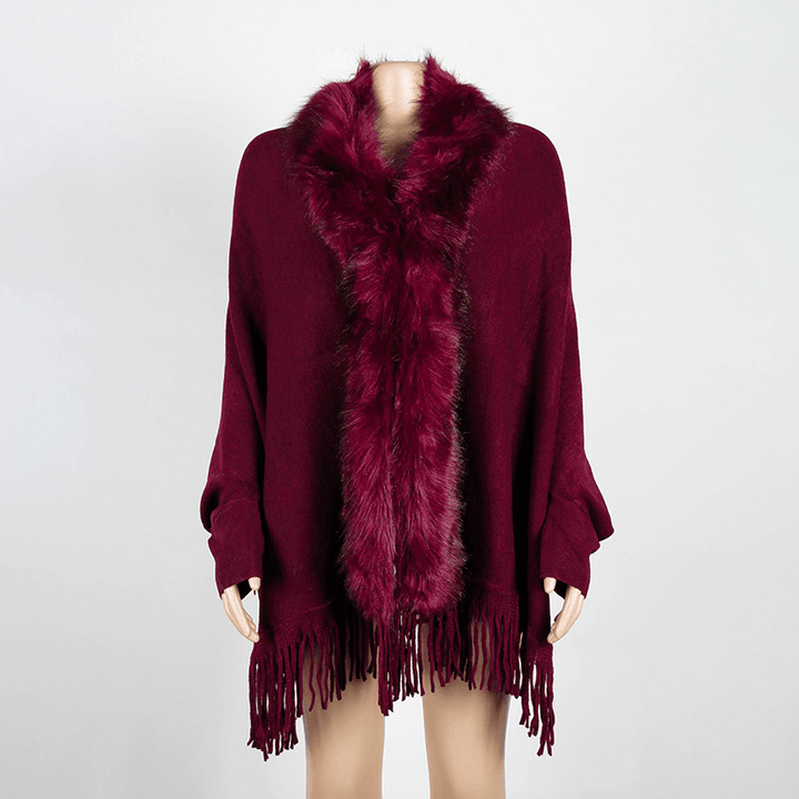 Autumn and Winter Fringed Cloak Shawl Fur Collar Solid Color Cardigan - MRSLM