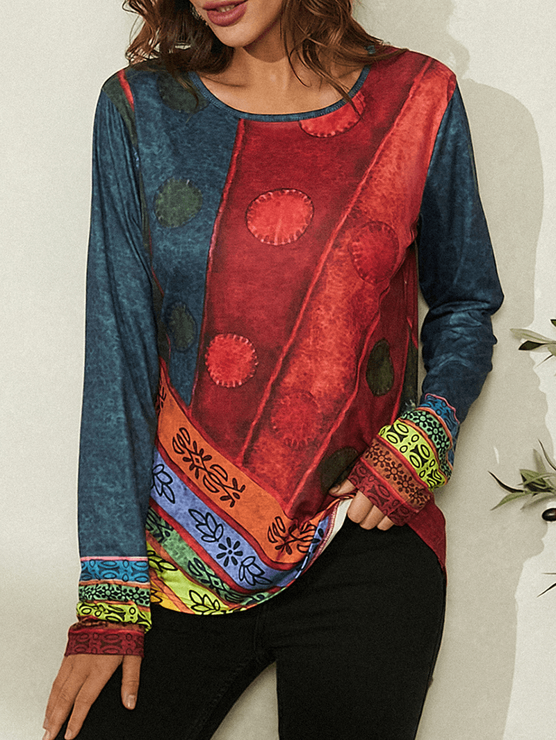 Women Ethnic Pattern Print round Neck Casual Long Sleeve Blouses - MRSLM