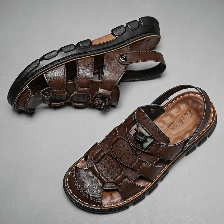 Men Cowhide Leather Soft Sole Two-Ways Non Slip Elastic Laces Trendy Casual Sandals - MRSLM