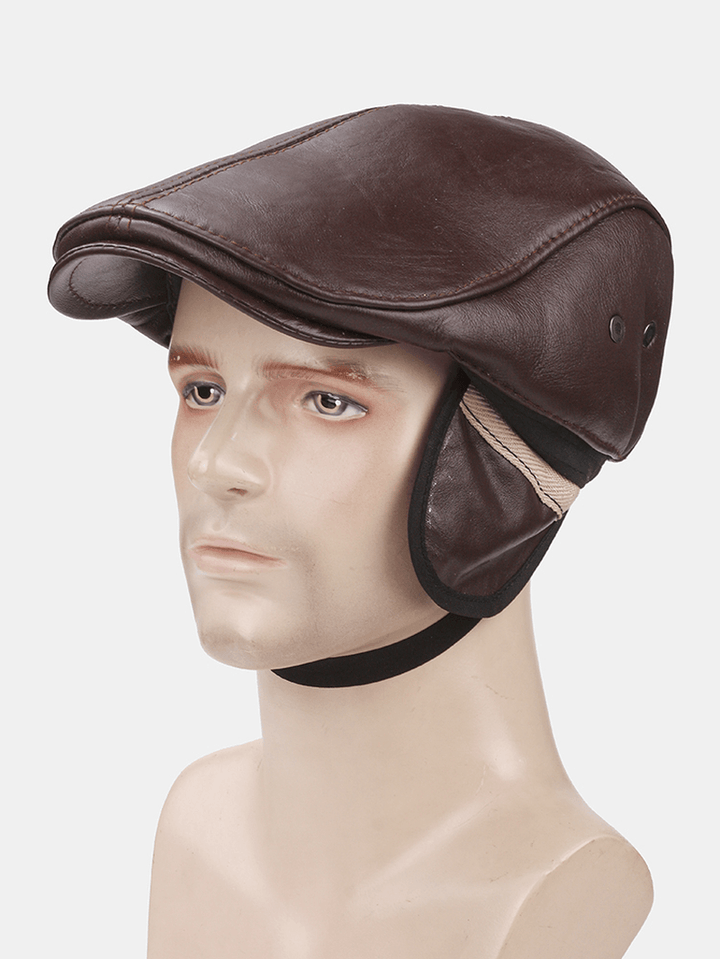 Men Genuine Leather Ear Protection Keep Warm Outdoor Windproof Forward Hat Beret Hat - MRSLM