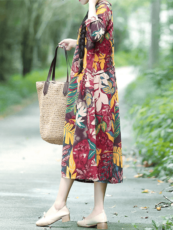 Floral Leaf Print Vintage Casual Midi Dress with Side Pockets - MRSLM