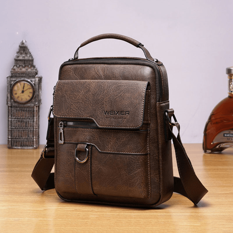 Men PU Leather Retro Business Large Capacity Multi-Pocket Solid Color Shoulder Bag Crossbody Bag - MRSLM