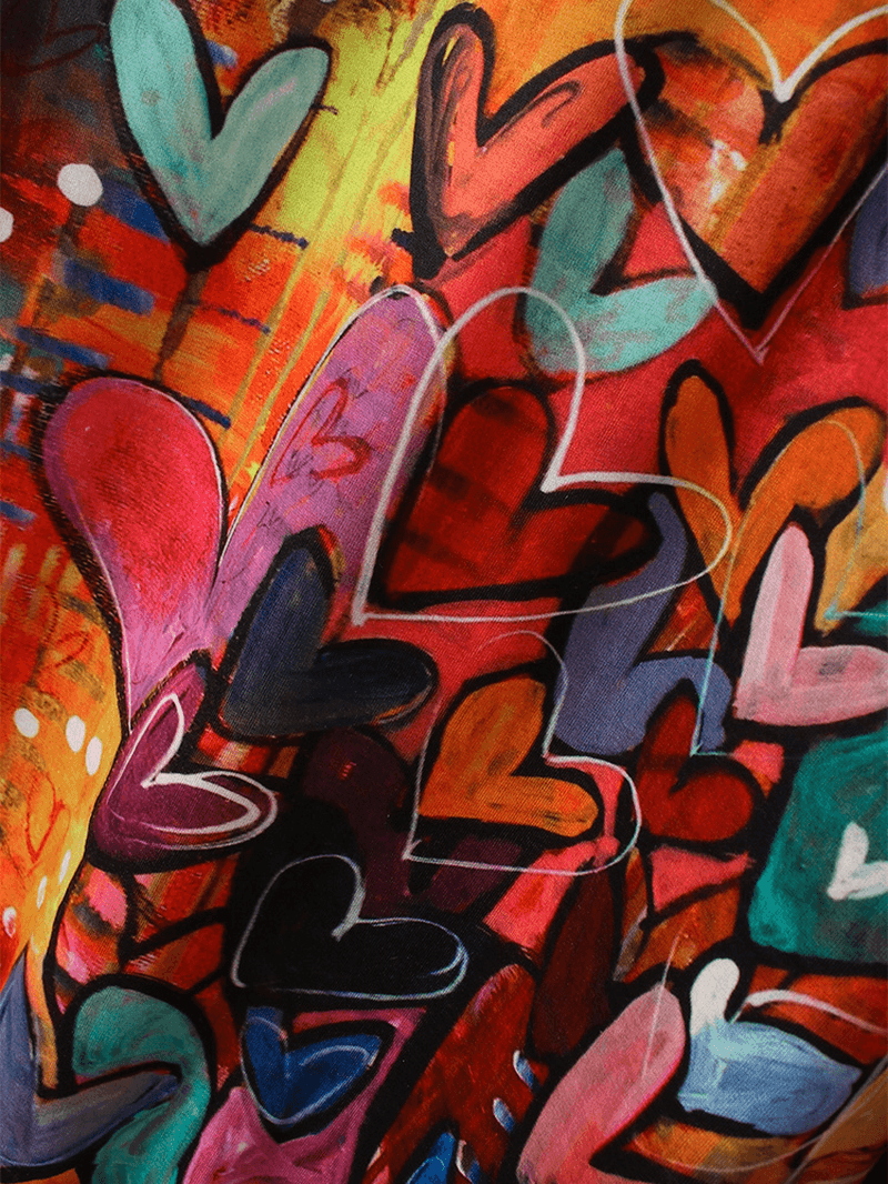 Women Colorful Graffiti Heart Print Long Sleeve Drawstring Hoodie with Kangaroo Pocket - MRSLM