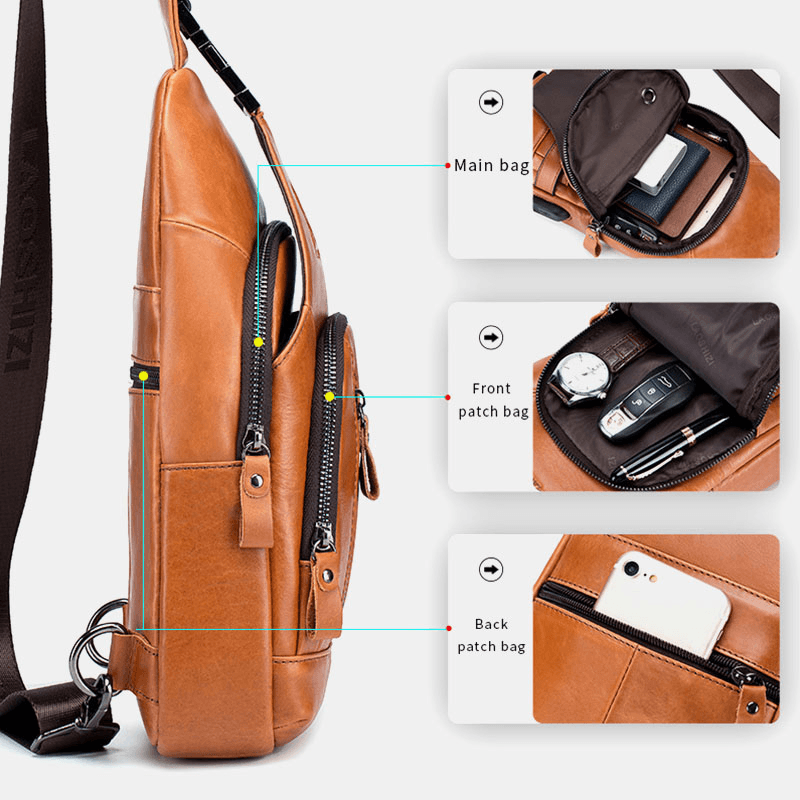 Men Cowhide Multi-Pocket USB Charging Chest Bag Outdoor Travel Anti-Theft Crossbody Shoulder Bag - MRSLM