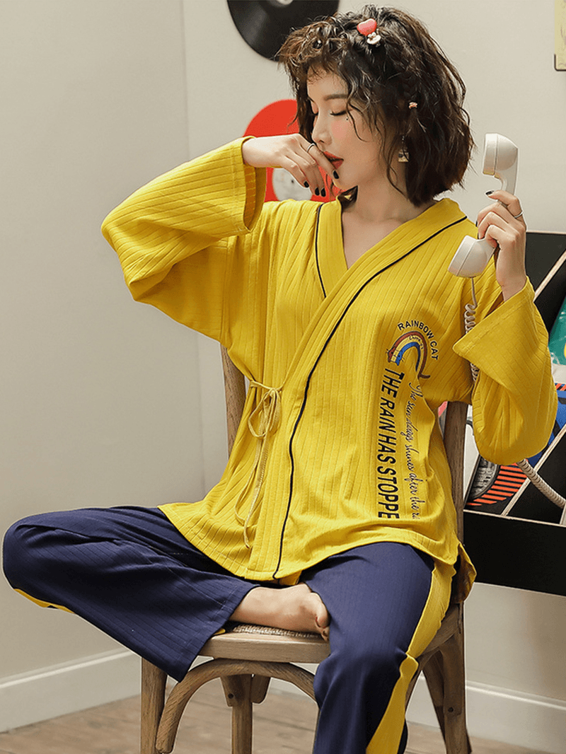 Sweety Kimono Top Long Sleeve Textured Cotton Leisure Pajama Set - MRSLM