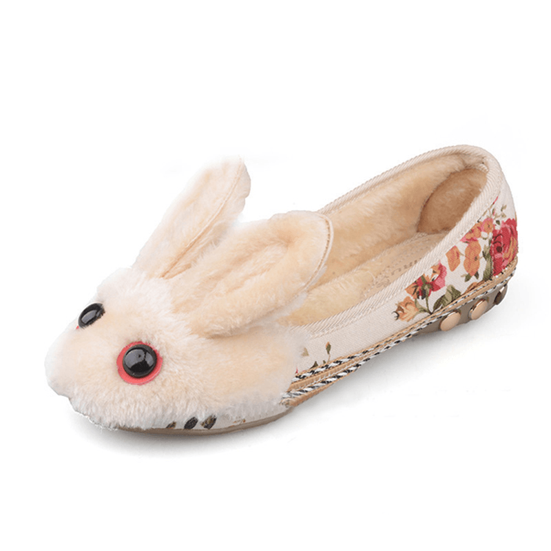 Floral Rabbit Wool Fleece Lining Slip on round Toe Flat Shoes - MRSLM