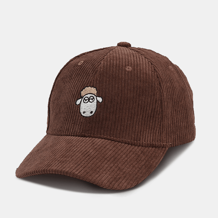 Unisex Cartoon Sheep Embroidery Baseball Cap Casual Wide Brim Stripe Sunshade Suncreen Corduroy Hat - MRSLM