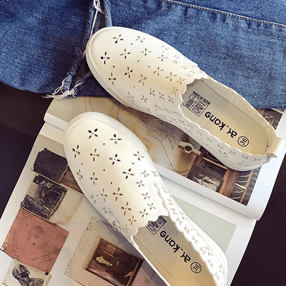 Women Flowers Hollow Comfy Breathable White Flats for Student - MRSLM