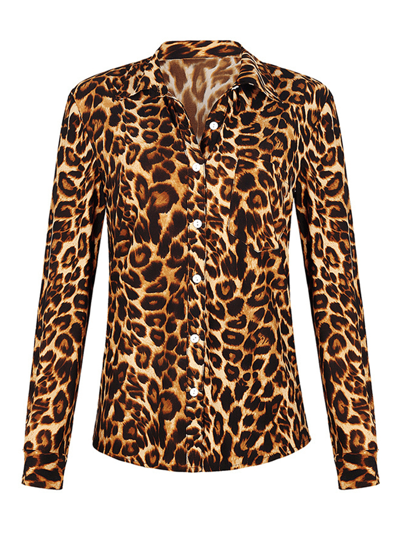 Women Leopard Print Stylish Regular Fit Casual Lapel Long Sleeve Shirts - MRSLM
